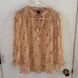Paige light orange blouse with orange flowers and gold metallic stripe Size S
